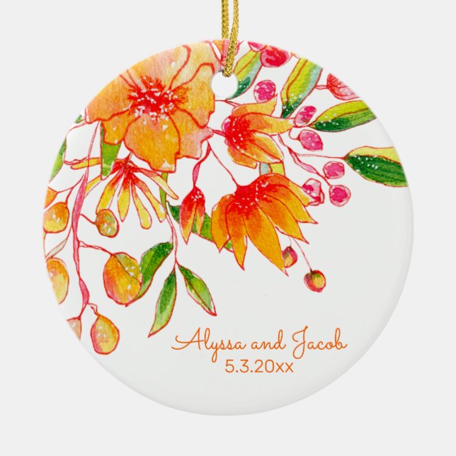 Personalized Names Orange Floral Wedding Date Ceramic Ornament (Front)
