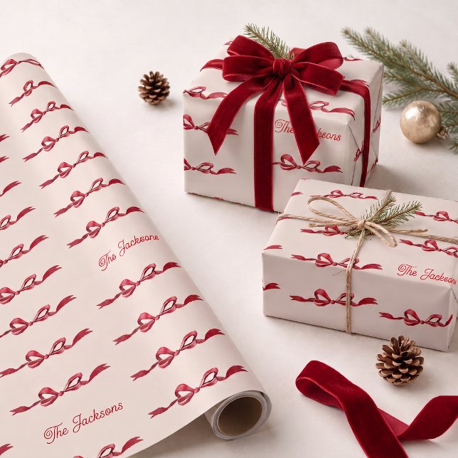Personalized Names Red Bow Christmas Holiday Gift Wrapping Paper (Creator Uploaded)