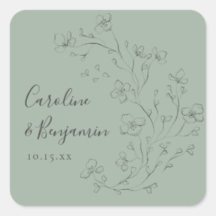 Personalized Names Sage Green Floral Wedding Favou Square Sticker