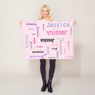 Personalized Names Typography Pink Hearts Fleece Blanket