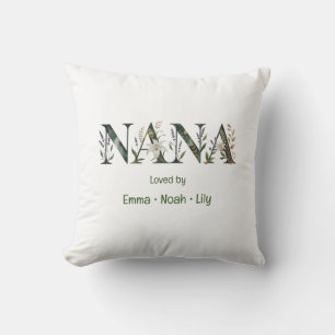 Personalized Nana Kids Names Floral Lettering Throw Pillow