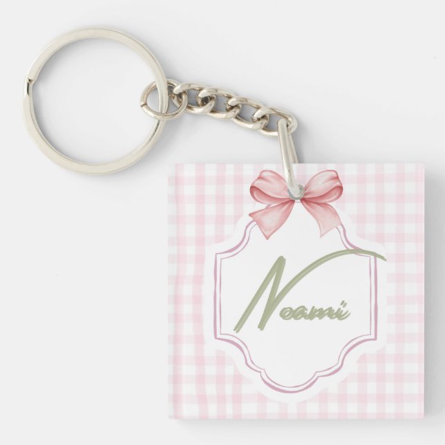 Personalized Naomi Baby Girl Nursery Bow&Gingham Keychain (Front)