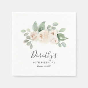 Personalized Napkins 40th Birthday White Rose