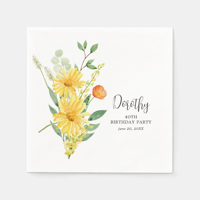 Personalized Napkins 40th Birthday Yellow Floral (Front)