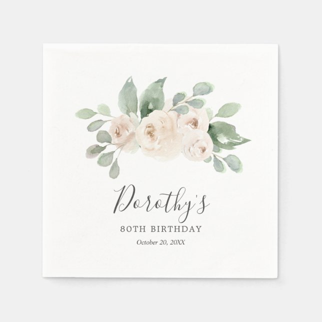 Personalized Napkins 80th Birthday White Rose (Front)