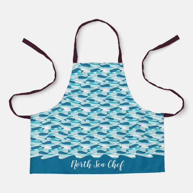 Personalized Narwhal Waves Allover Print Teal Apron (Front)