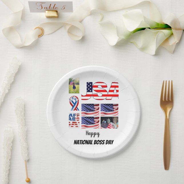 Personalized National Boss Day 8 Photo Collage Paper Plate (Wedding)