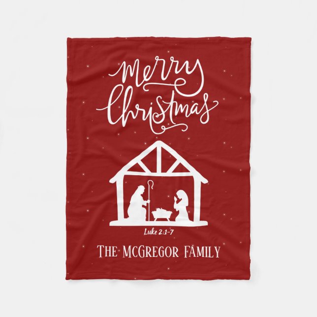 Personalized Nativity Red Christmas Family Name Fleece Blanket (Front)