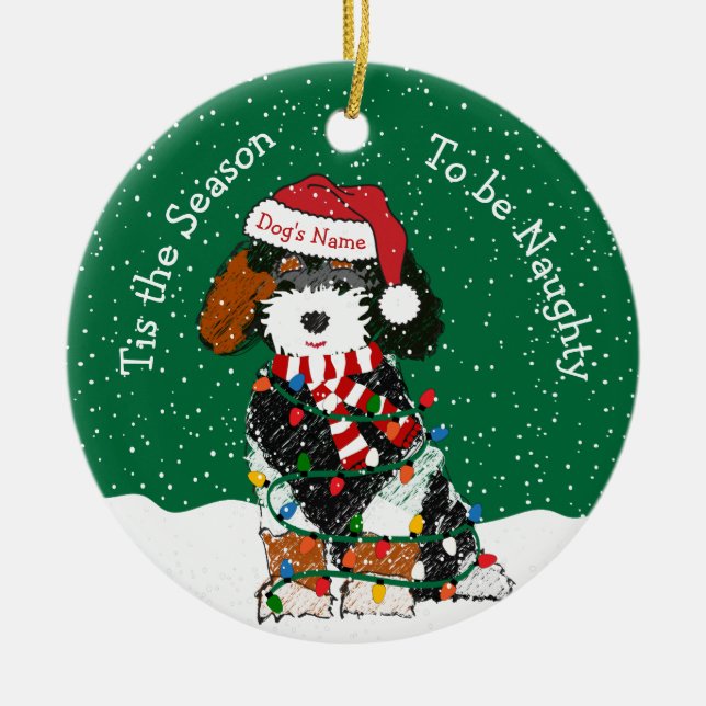 Personalized Naughty Bernedoodle Ceramic Ornament (Front)