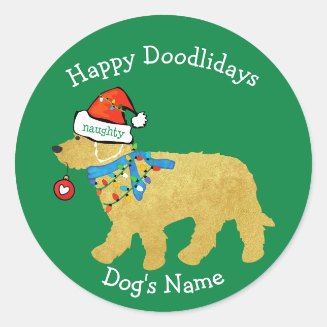 Personalized Naughty Christmas Goldendoodle Classic Round Sticker (Front)