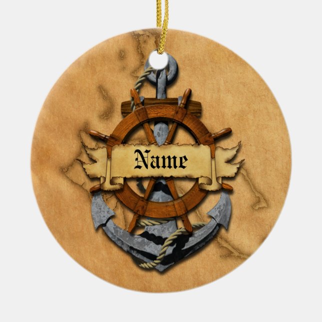 Personalized Nautical Anchor And Wheel Ceramic Ornament (Front)