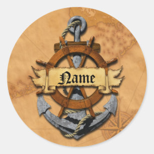 Personalized Nautical Anchor And Wheel Classic Round Sticker