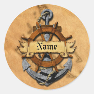 Personalized Nautical Anchor And Wheel Classic Round Sticker