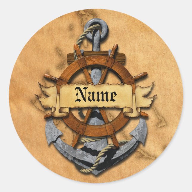 Personalized Nautical Anchor And Wheel Classic Round Sticker (Front)