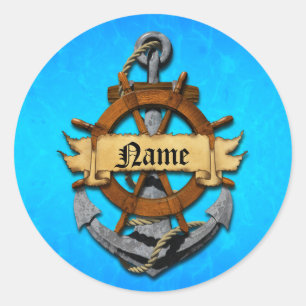 Personalized Nautical Anchor And Wheel Classic Round Sticker