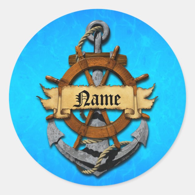 Personalized Nautical Anchor And Wheel Classic Round Sticker (Front)