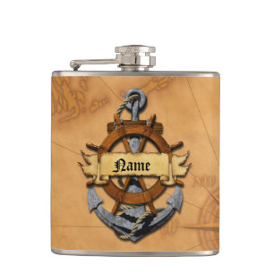 Personalized Nautical Anchor And Wheel Hip Flask