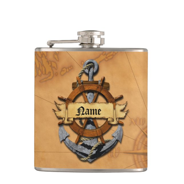 Personalized Nautical Anchor And Wheel Hip Flask (Front)