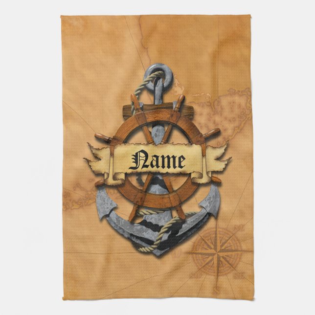 Personalized Nautical Anchor And Wheel Kitchen Towel (Vertical)