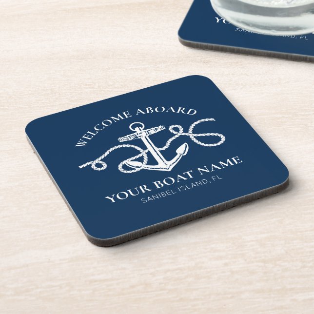 Personalized Nautical Anchor Boat Name Navy Blue Coaster (Left Side)
