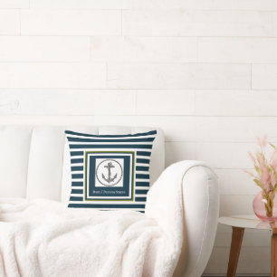 Personalized Nautical Anchor Dk Blue Black Striped Throw Pillow