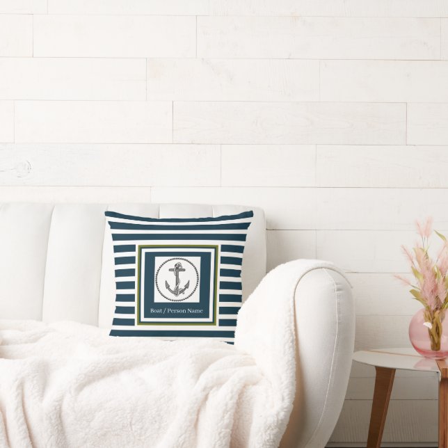 Personalized Nautical Anchor Dk Blue Black Striped Throw Pillow (Couch)