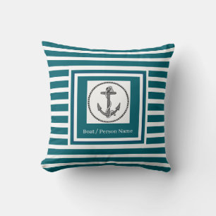 Personalized Nautical Anchor Dk Teal Striped Throw Pillow