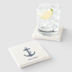 Personalized Nautical Anchor Navy Blue Boat Name Stone Coaster