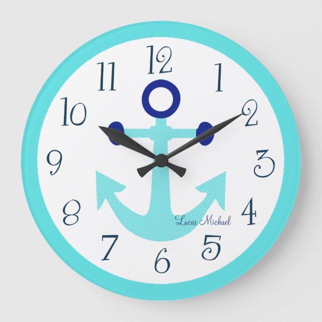 Personalized Nautical Aqua Anchor Nursery Clock (Front)