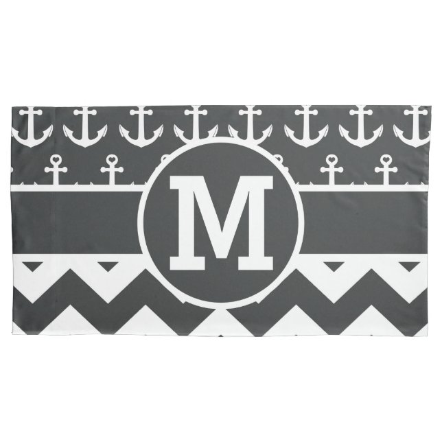 Personalized Nautical Black White Chevron Anchors Pillowcase (Front)