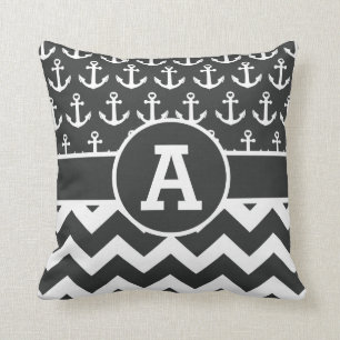 Personalized Nautical Black White Chevron Anchors Throw Pillow