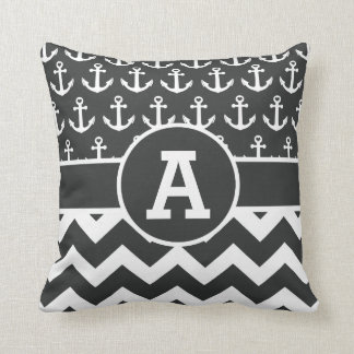 Personalized Nautical Black White Chevron Anchors Throw Pillow