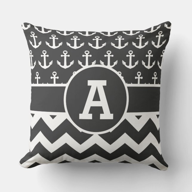 Personalized Nautical Black White Chevron Anchors Throw Pillow (Front)