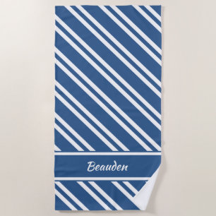 Personalized Nautical Blue and White Stripes Beach Towel