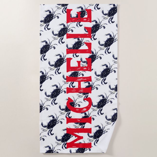Personalized Nautical Blue Crab Beach Towel (Front)
