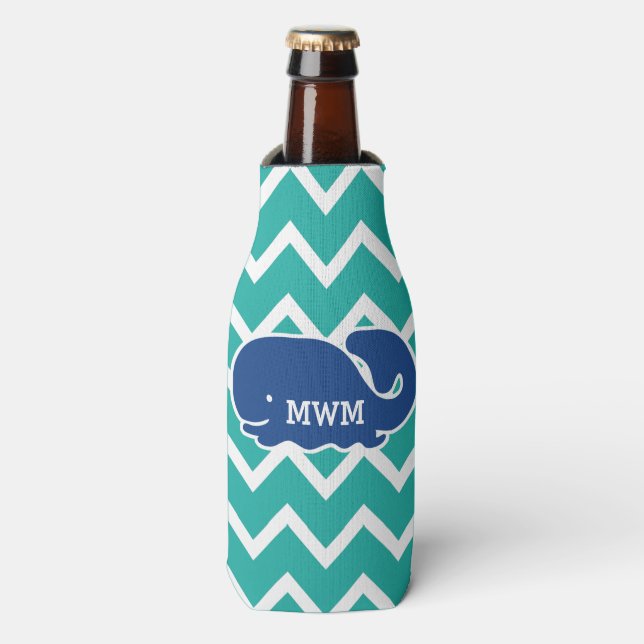 Personalized Nautical Blue Whale Chevron pattern Bottle Cooler (Bottle Front)