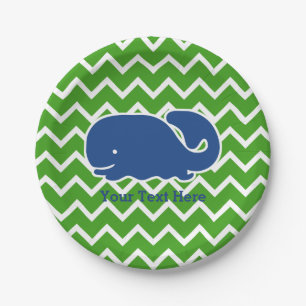 Personalized Nautical Blue Whale Chevron pattern Paper Plate
