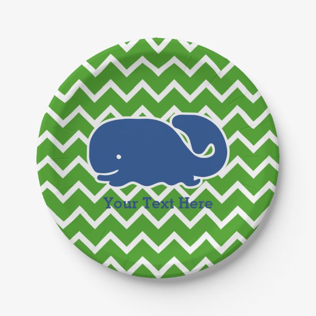Personalized Nautical Blue Whale Chevron pattern Paper Plate (Front)