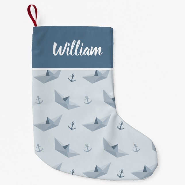 Personalized Nautical Boat & Anchor Pattern Boys Small Christmas Stocking (Front)