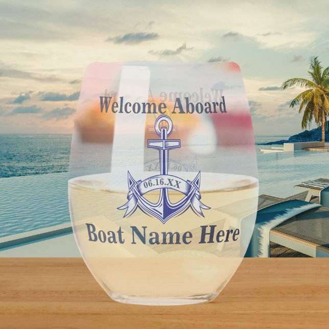 Personalized Nautical Boat Name Anchor  Navy Blue  Stemless Wine Glass (Creator Uploaded)