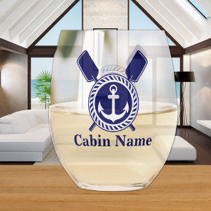 Personalized Nautical Boat Name Anchor Navy Blue Stemless Wine Glass