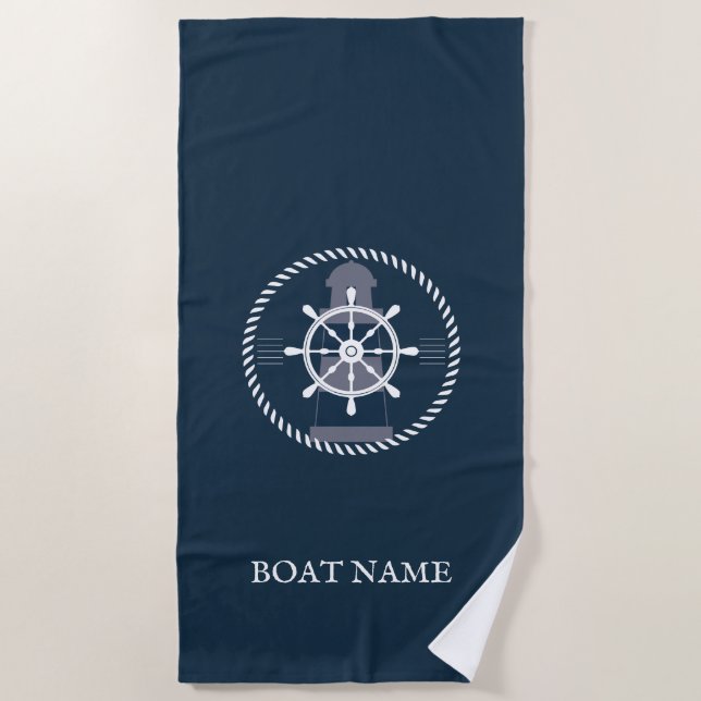Personalized Nautical Boat Name Navy Blue Beach Towel (Front)