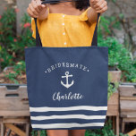 Personalized Nautical "Bridesmate" Bridesmaid Tote Bag<br><div class="desc">Cute nautical themed tote for your bridesmaids in classic navy blue features a white ship's anchor illustration with "bridesmate" curved over the top. Personalize with each bridesmaid's name in white brush script lettering. A trio of white stripes along the bottom completes the look. Gift one to each member of your...</div>