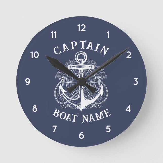 Personalized Nautical Captain Boat Name Anchor Round Clock (Front)