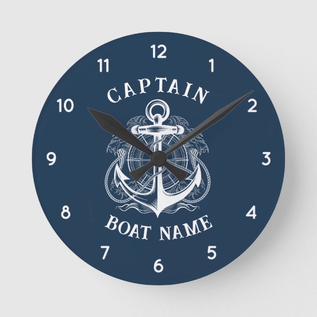 Personalized Nautical Captain Boat Name Anchor Round Clock (Front)