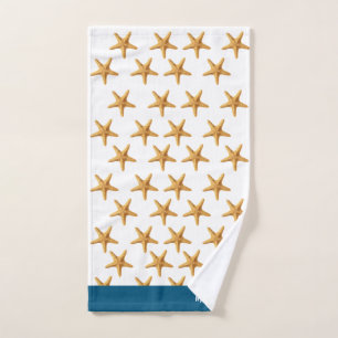 Personalized Nautical Coastal Starfish Blue-White Hand Towel