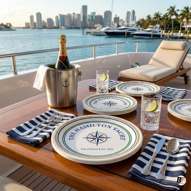 Personalized Nautical Compass Yacht Name Rope Paper Plate (Creator Uploaded)