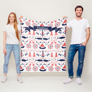 Personalized Nautical Coral Navy Whale Rope Banner Fleece Blanket