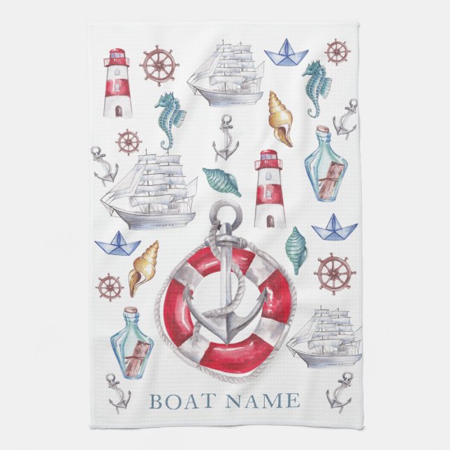 Personalized Nautical elements watercolor Kitchen Towel (Vertical)