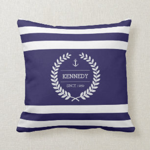 Personalized Nautical Family Crest Stripe Pattern Throw Pillow